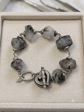Brighton Gray Black Quartz Stones Silver Open Heart Charm Bracelet, Toggle 2662